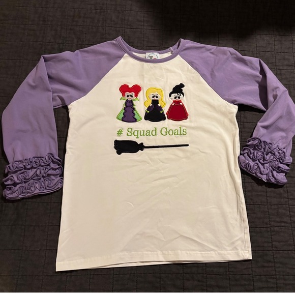 Smock Monkey Girls White Purple Hocus Pocus Squad Goals Ruffle Sleeve Top Size 8 - Picture 1 of 3